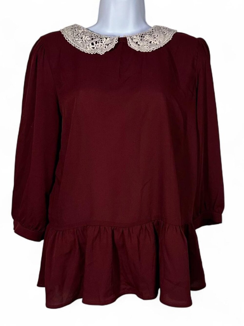 One Clothing Burgundy Sheer Peplum Blouse